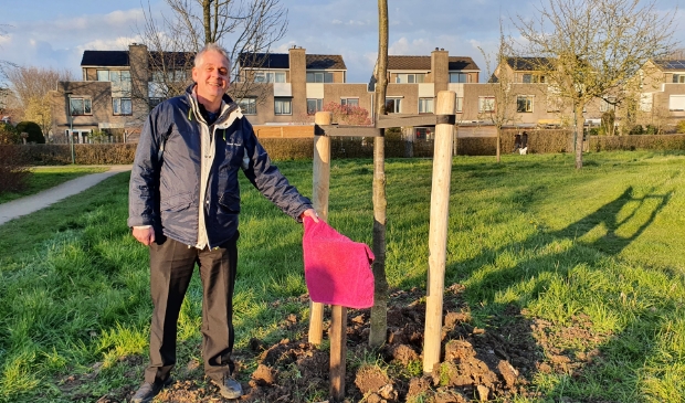 Magdelyns haalt het doek van het bordje bij de boom die voor hem geplant is.
