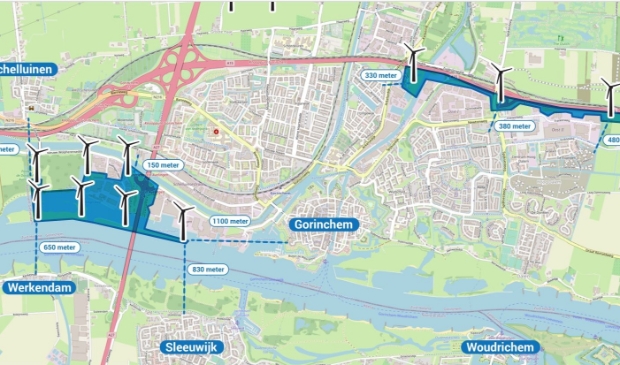 <p>De windmolens ingetekend op de plattegrond van Gorinchem</p>