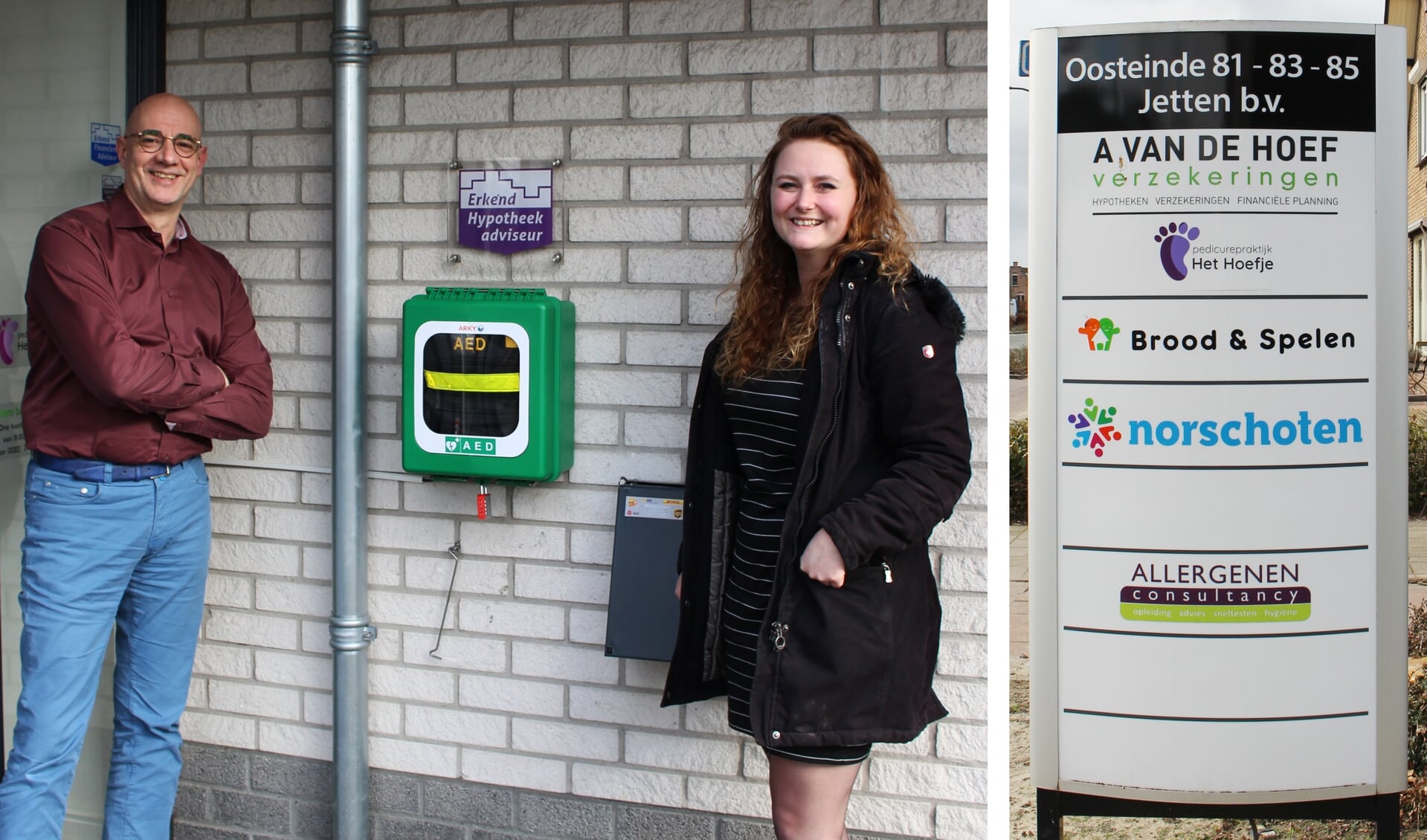 Anne van Tilborg van de Gemeente Scherpenzeel met mede-initiatiefnemer André van der Hoef bij de nieuw geplaatste AED aan het Oosteinde.