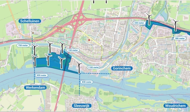 <p>De windmolens ingetekend op de plattegrond van Gorinchem</p>