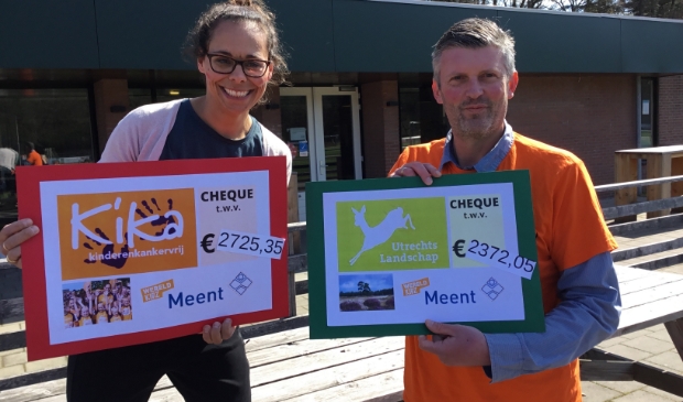 Juf Yael Schut en Remco de Koning (schoolleider) met de cheques voor de goede doelen.