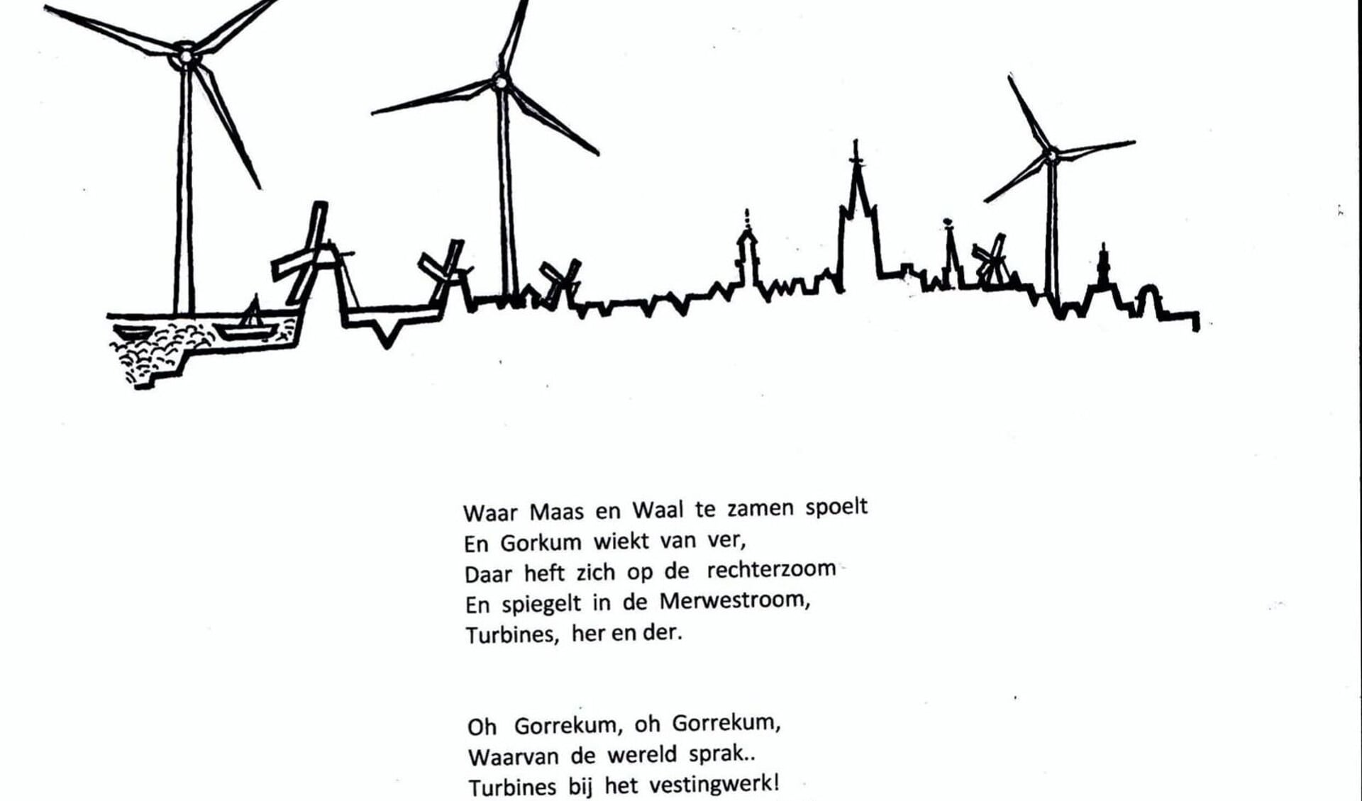 Bij het gedicht is een tekening van de skyline van Gorinchem gemaakt