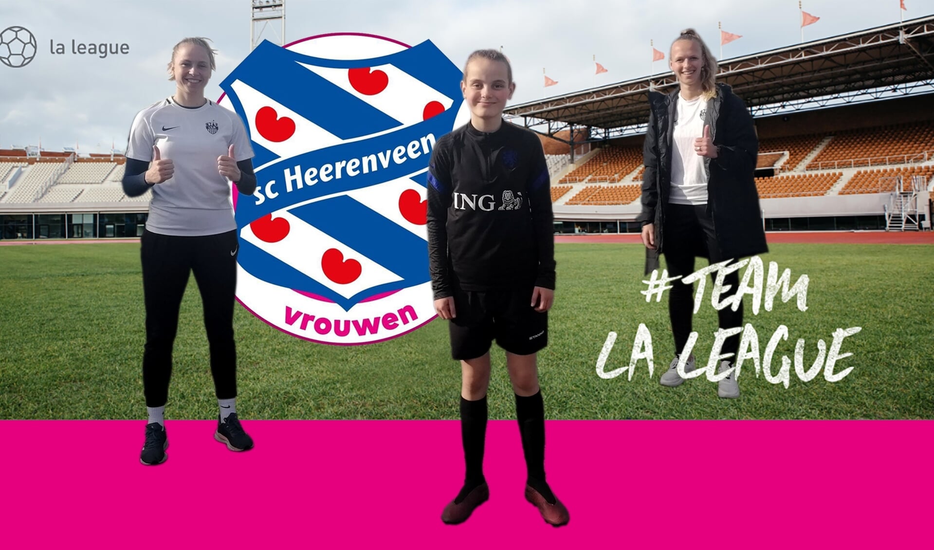 Janneke Wassink tussen twee speelsters van SC Heerenveen. Links Elze Huls en rechts Tiny Hoekstra.