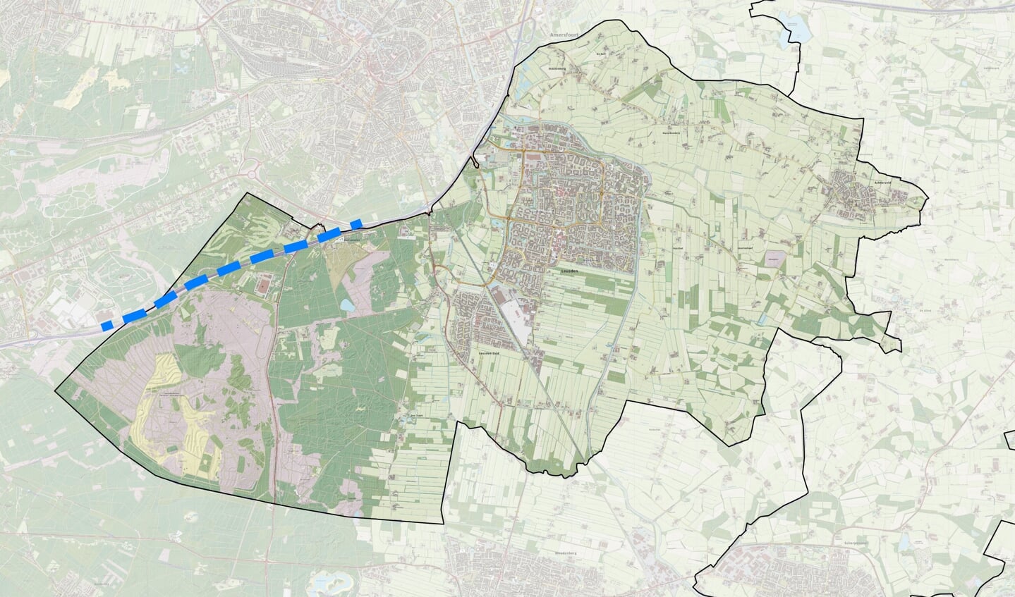 De blauwe stippellijn is de enige locatie waar de gemeente momenteel onderzoekt of windmolens haalbaar zijn.