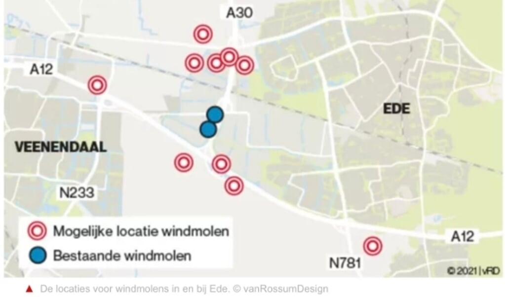 Op een overzichtskaart is duidelijk te zien hoe dicht de molens bij Veenendaal staan.