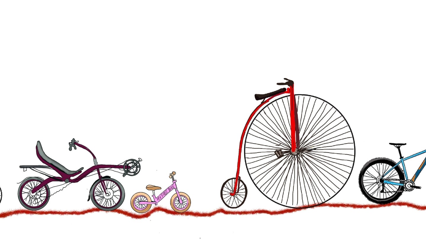 Enkele van de fietsen die als een rode draad door de (levens)verhalen rollen. 