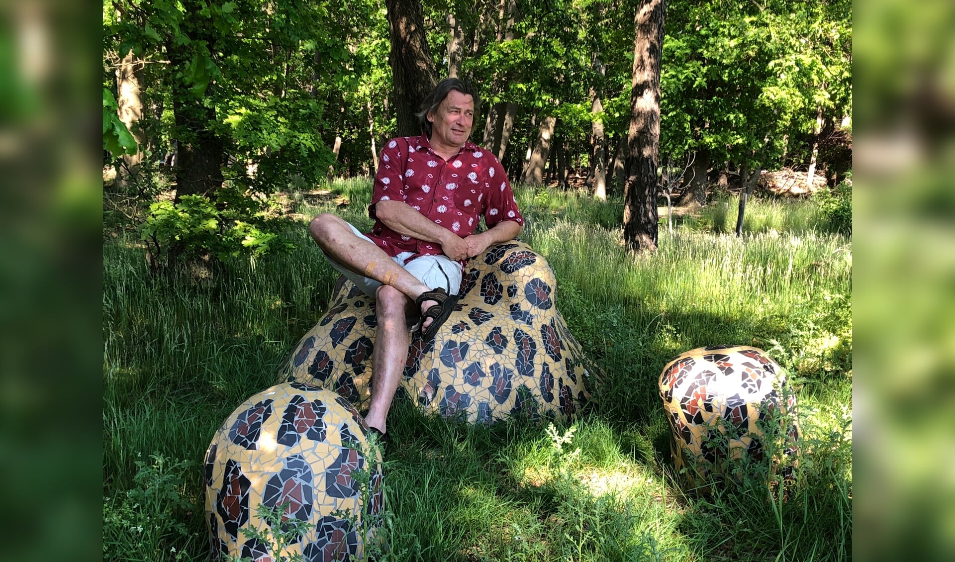 Kunstenaar Erik Wuthrich zittend op een kunstwerk in zijn bossige tuin.