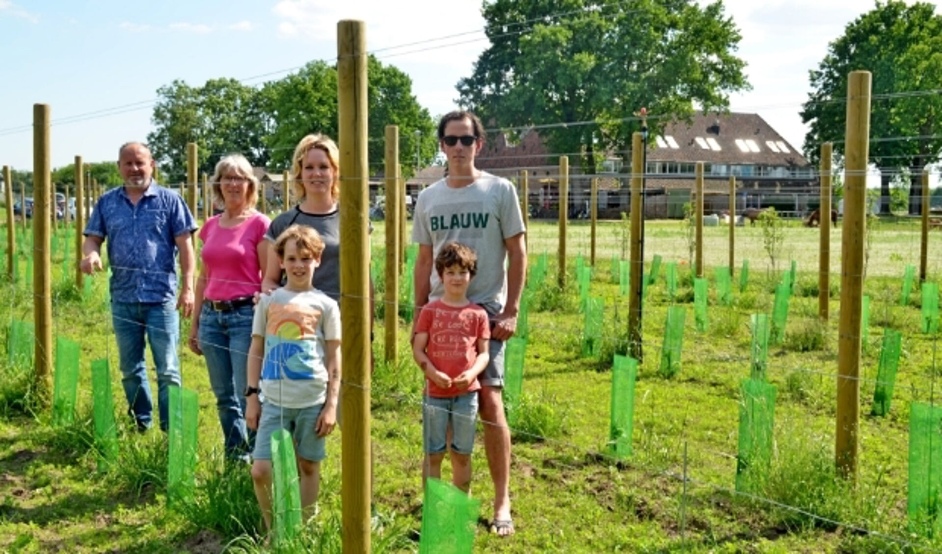 Vlnr: Hans Janssen, Gabriëlle Habets, Sabine van Giesbergen en Johnny van Giesbergen in de nieuwe wijngaard bij de Hoge Born (foto Jan Boer)