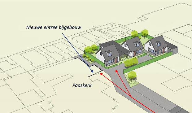 <p>De drie te bouwen woningen op het terrein van de Paaskerk.</p>