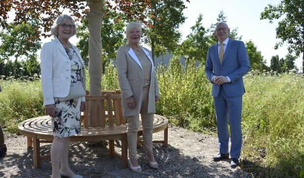 <p>Marianne Harterink, Hanne Vos en burgemeester Isabella bij het bankje onder de beuk</p>
