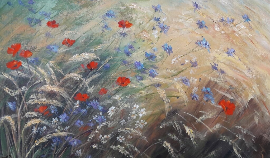 Wilde bloemen een schilderij van Jopie van Veldhuijsen uit Voorthuizen