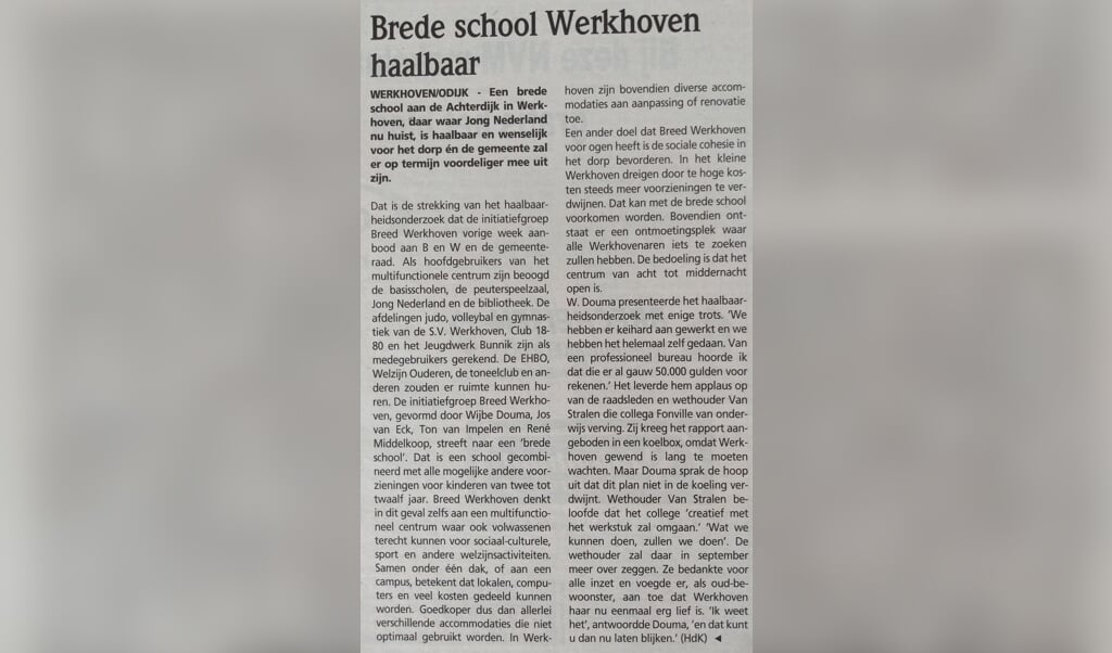 Het artikel van precies 20 jaar geleden, over het haalbaarheidsonderzoek Breed Werkhoven.