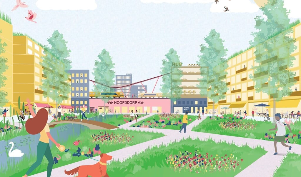 Een droomplaatje van het Stationsgebied in Hoofddorp dat een gezonde en bruisende leefomgeving biedt. 