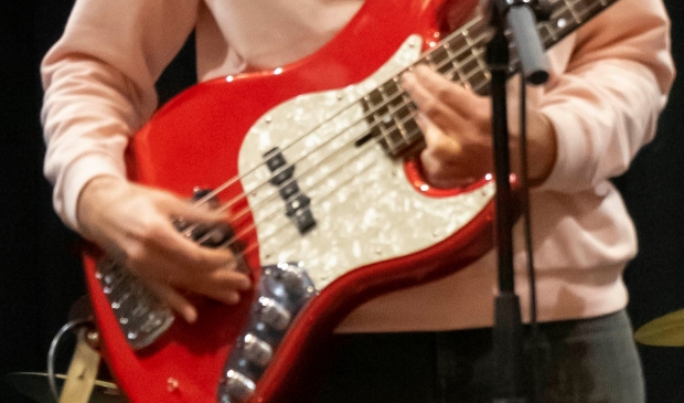 Basgitarist, alleen middel en onherkenbaar in beeld