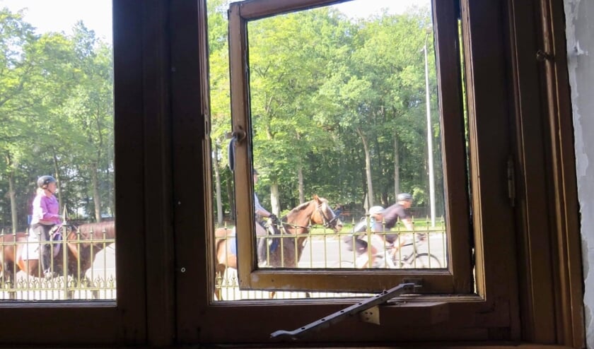 Vanuit de stallen zien wij passerende Amazones en Fietsers