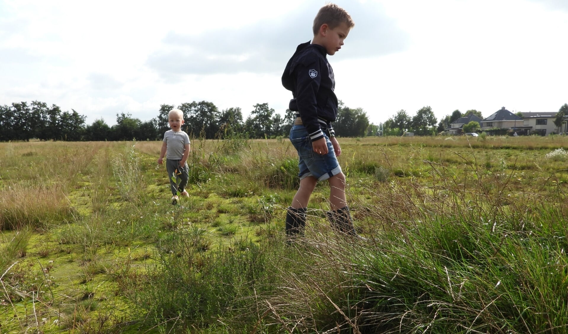 Buurjongens Joah en Sem speuren in het afgeplagde graszodenland bij de Nederwoudseweg net buiten Barneveld.