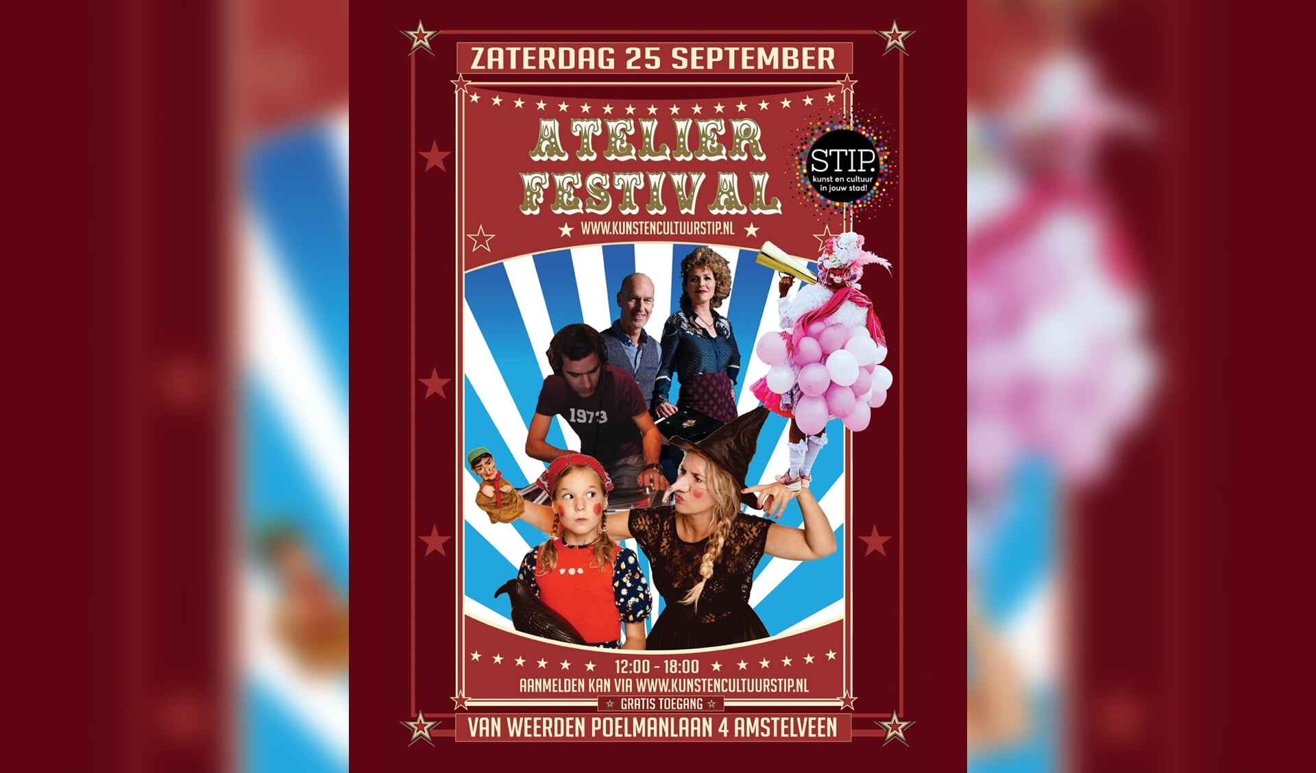 Flyer Ateliers Festival met Poppentheater FlipFlop, Jazz duo Emmelie & Alberto, Nina Beem Theater & DJ Eddy Ascona.