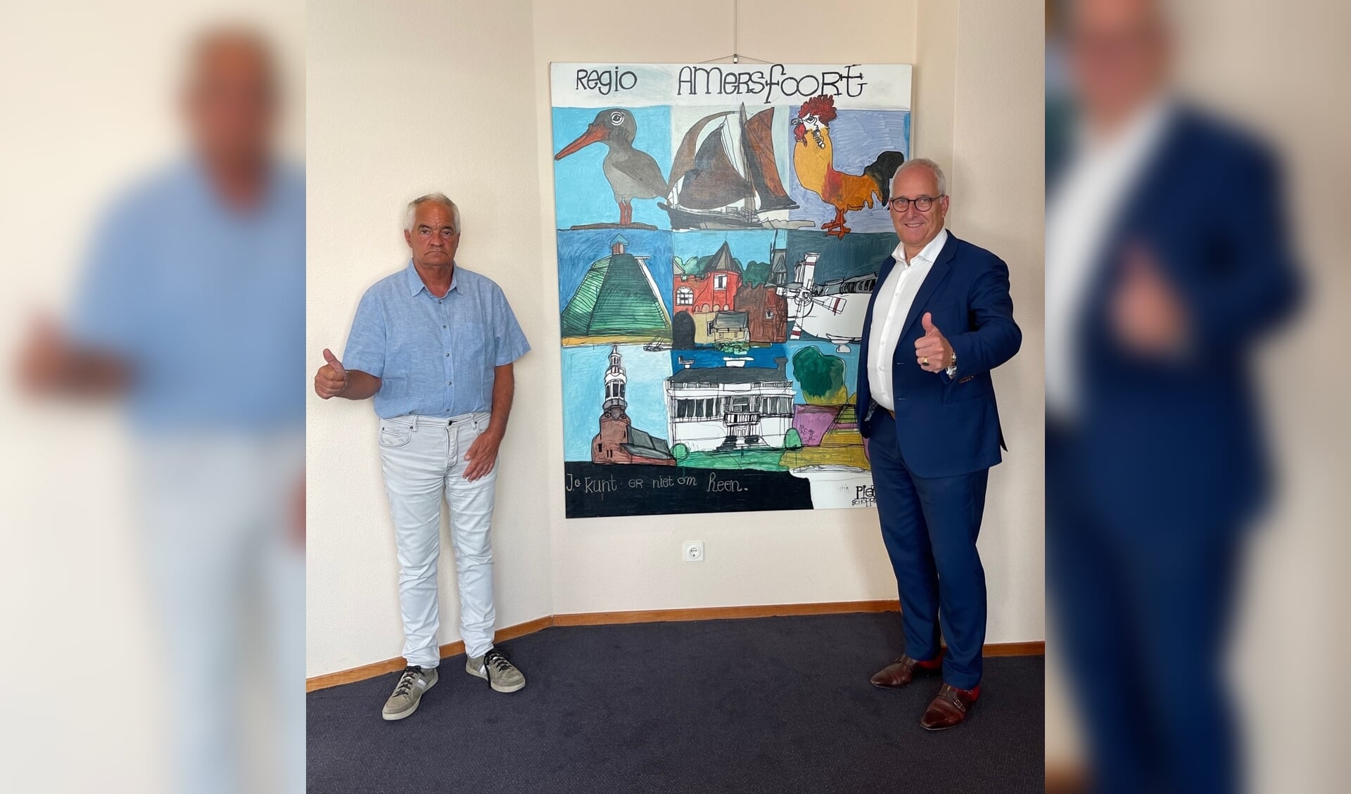Kunstenaar Piet Schopping en burgemeester Renkema