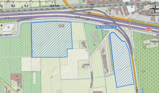 <p>Het zonneveld (blauw gearceerd) in de hoek van A12 en Limesbaan (landschappelijk inpassingsrapport Bosch & van Rijn)</p>