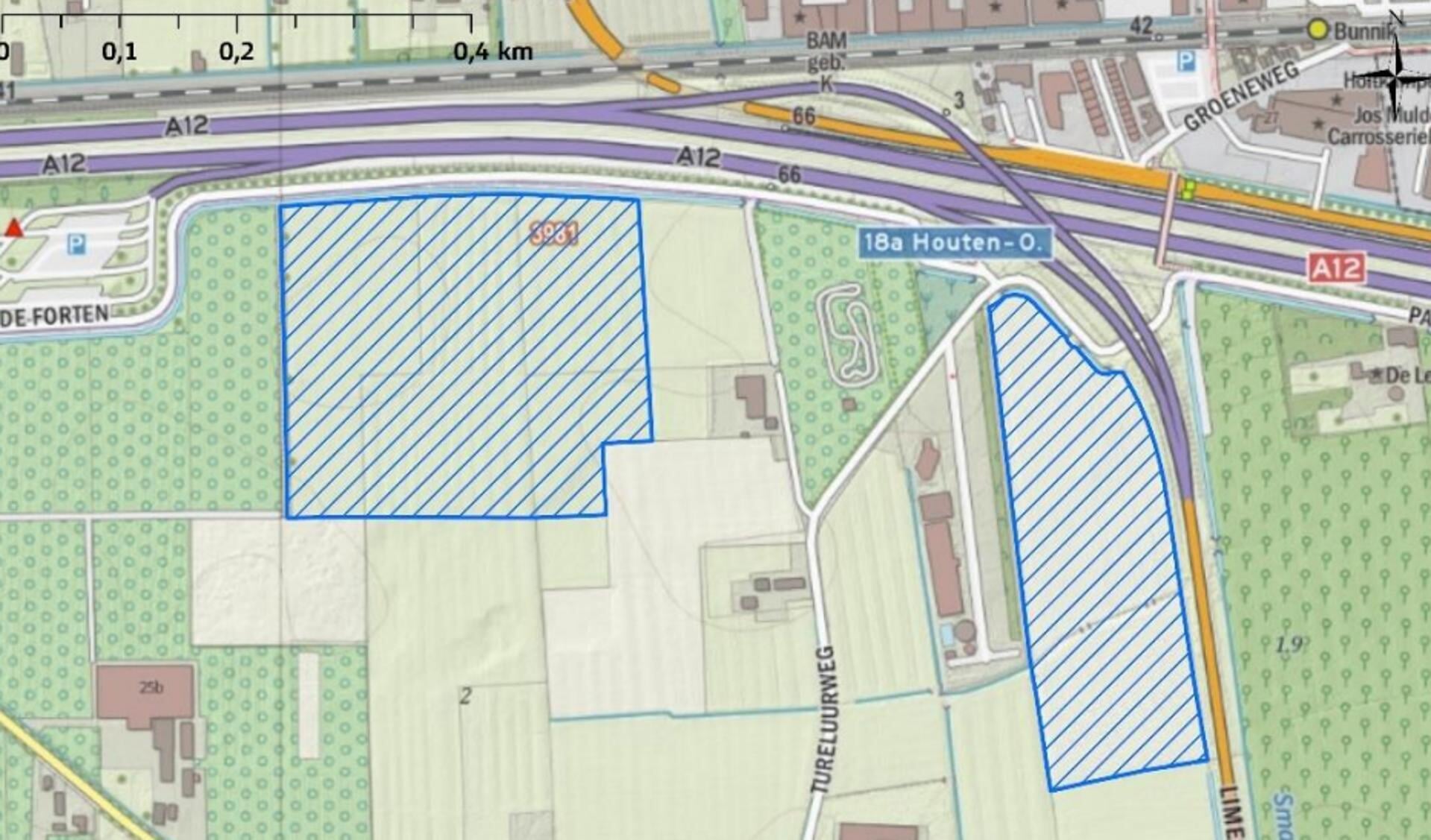 Het zonneveld (blauw gearceerd) in de hoek van A12 en Limesbaan (landschappelijk inpassingsrapport Bosch & van Rijn)