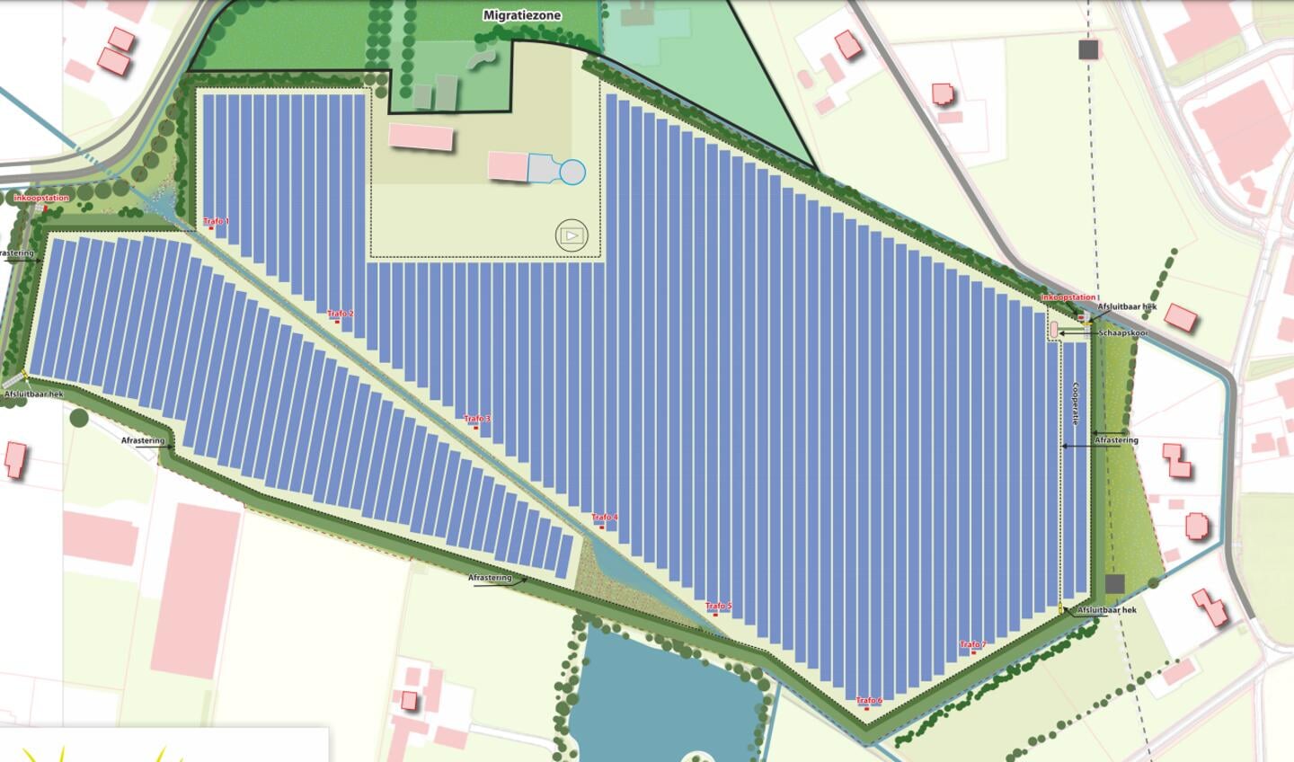Zonnepark Branderwal op het voormalige terrein van Bosch Beton. In de rechterbovenhoek de 1000 voor Duurzaam Kootwijkerbroek gereserveerde zonnepanelen.