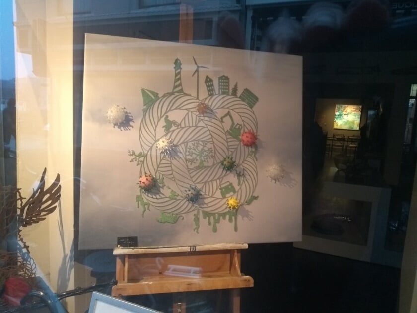 Schildering bij Kunst bij Karel met corona virusdeeltjes