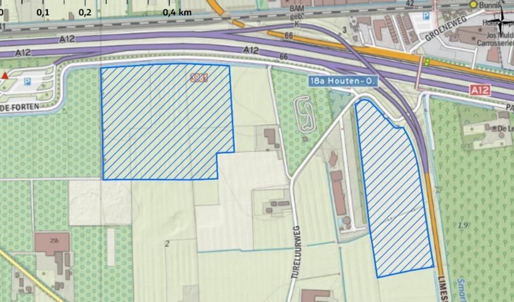 Het 'Zonnepark A12' (blauw gearceerd), bestaande uit twee delen in de hoek van de A12 en de Limesbaan naar Houten.