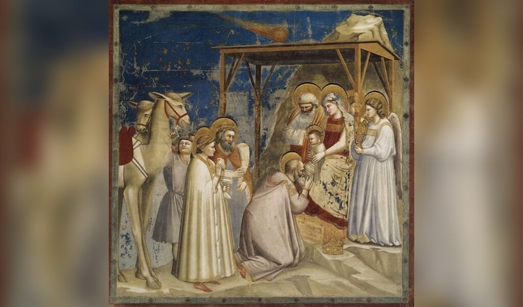 Giotto di Bondi schilderde in 1304 of 1306 deze voorstelling van de Aanbidding der Wijzen.Hij denkt dat de Kerstster in werkelijkheid een komeet is geweest (bron: Musei civici di Padova).