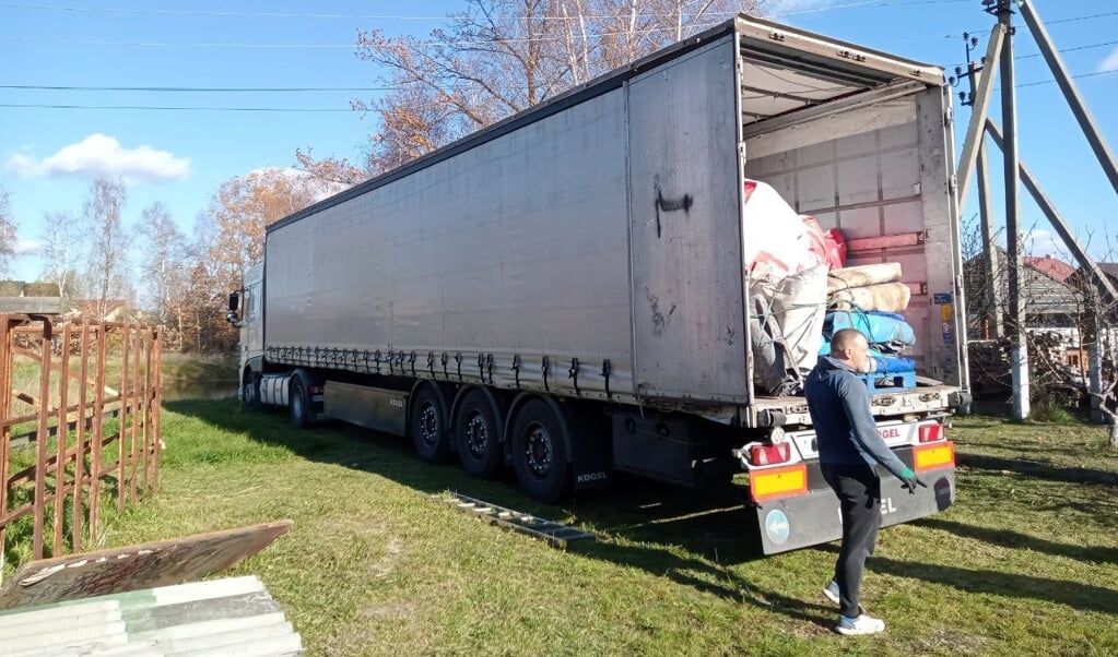 De aankomst van de vrachtwagen in Ivano-Frankivsk in Oekraïne.