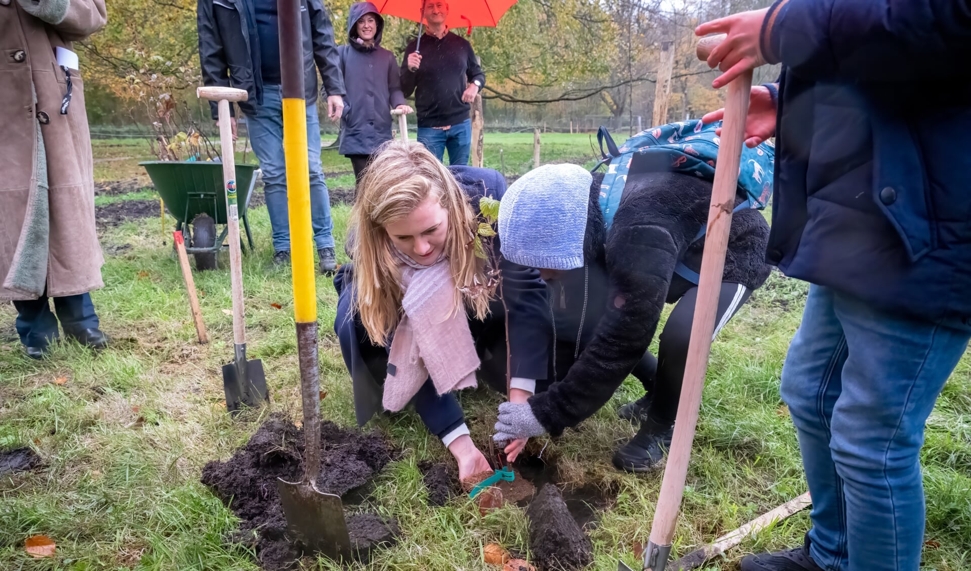 Leerlingen van scholen uit Amsterdam Nieuw-West hielpen wethouder Melanie van der Horst met het planten van de eerste bomen en struiken.