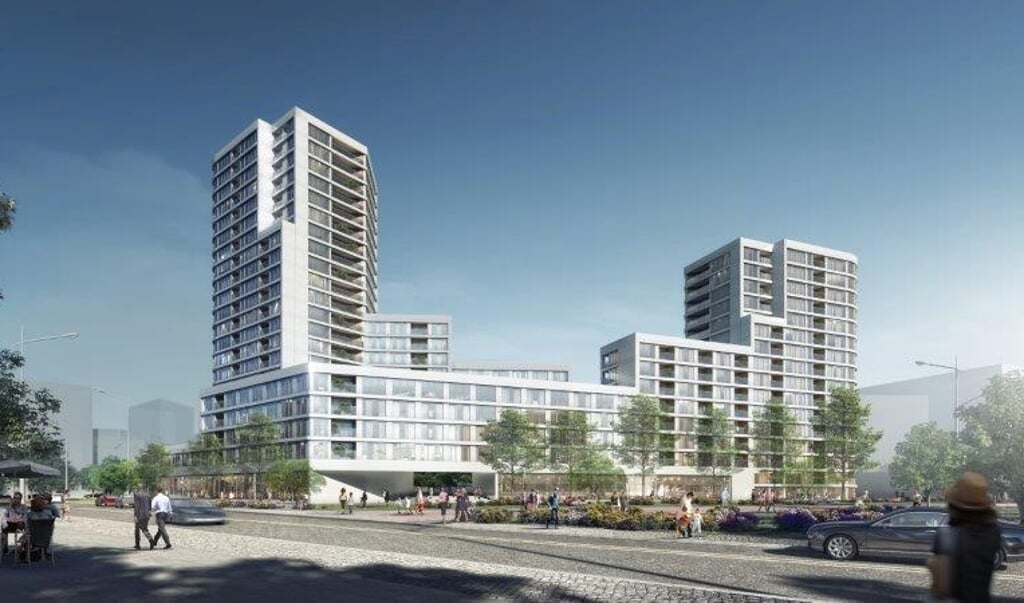 Impressie van het nieuwe complex The Dialogue gezien vanaf de Johan Blookerweg. Links komen de commerciële
voorzieningen, in het midden de ingang richting binnentuin en fietsenstalling en rechts
de entrees voor het Gastenhuis.