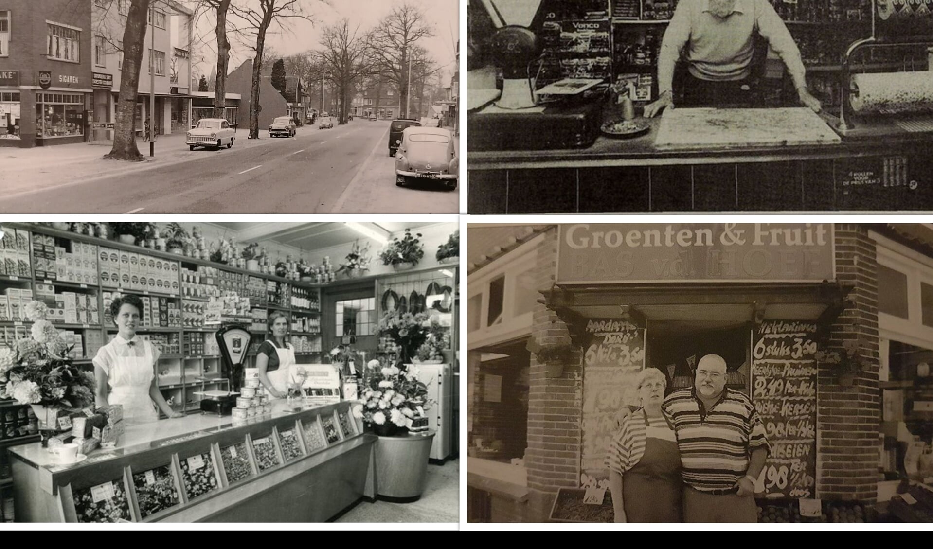 Linksboven met de klok mee: Van Weedestraat jaren '70, 'Sinterklaas', Bas en Wijnie van de Hoef en de kruidenierszaak van Gerth.