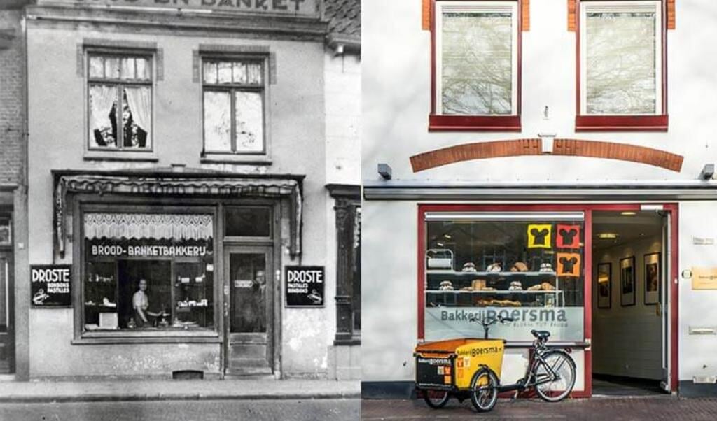 Bakkerij Boersma, een eeuw geleden (links) en tegenwoordig. 