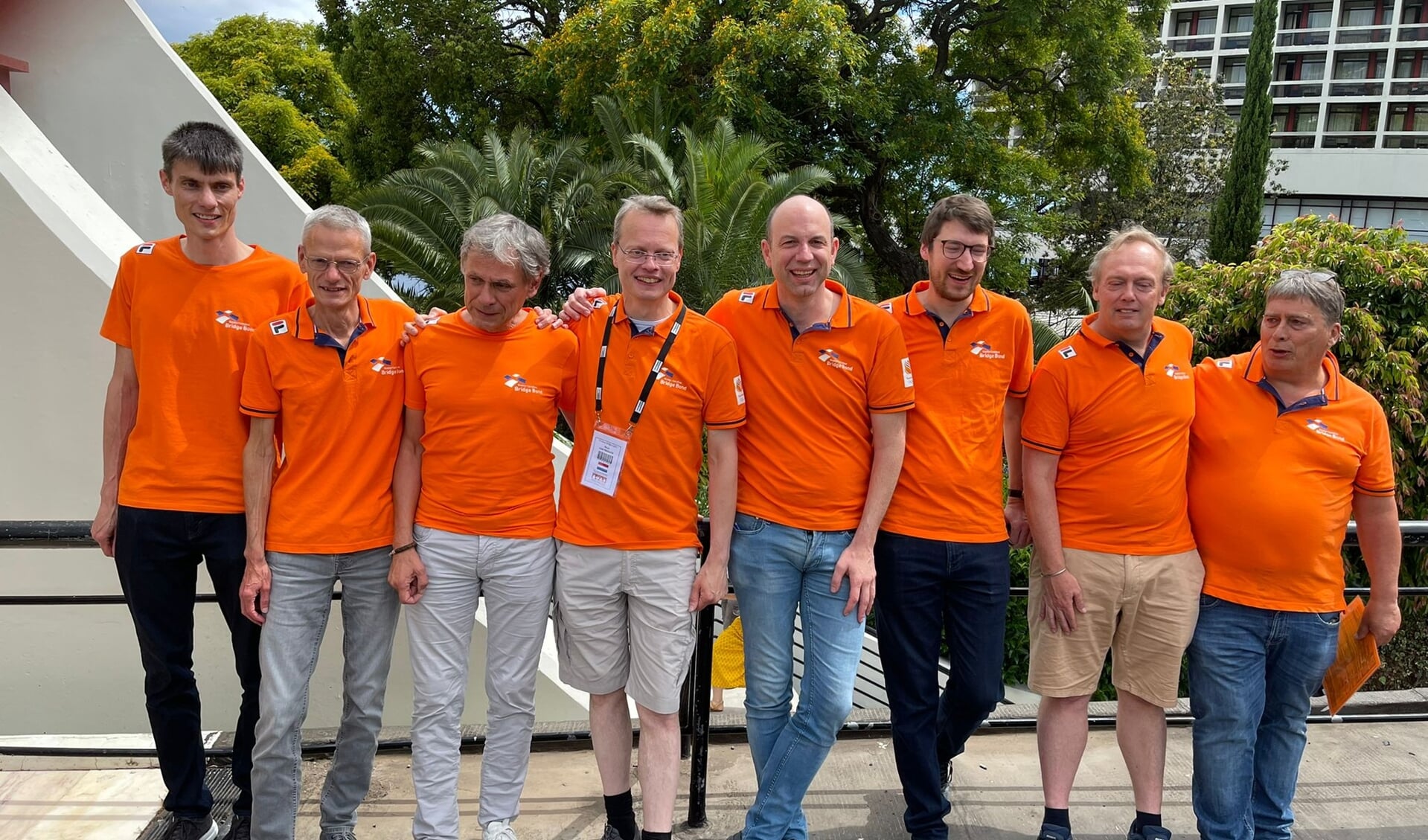 Het Nederlandse Open team. Van links naar rechts: Berend van den Bos, Bauke Muller, captain Gert-Jan Ros, Ricco van Prooijen, Simon de Wijs, Joris van Lankveld, Louk Verhees en bondscoach Ton Bakkeren.