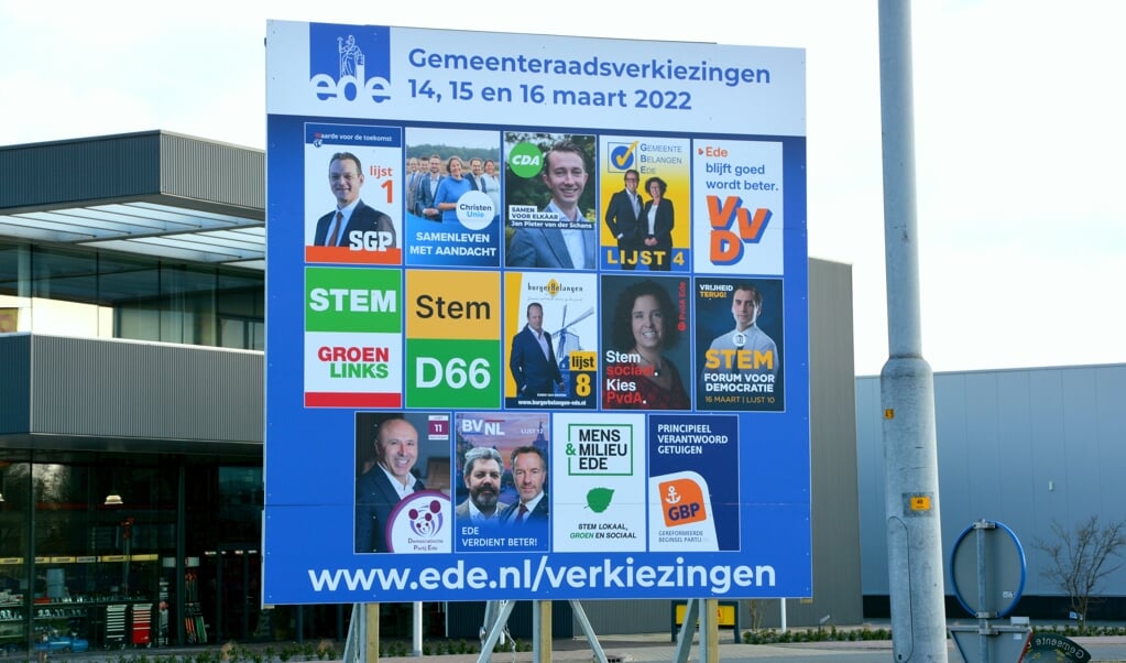 Het stembord in Wekerom voor de afgelopen gemeenteraadsverkiezingen in de gemeente Ede.