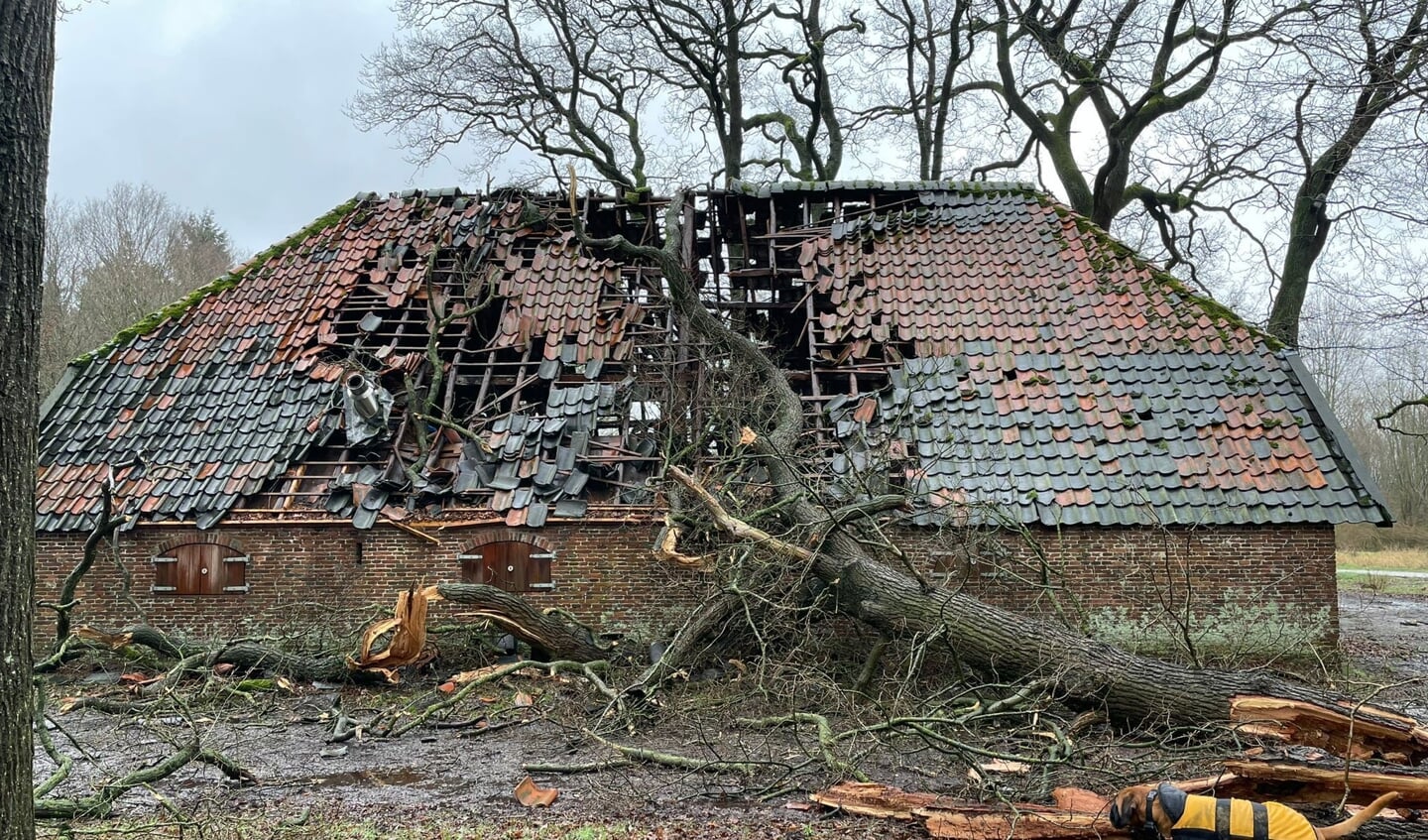 Het dak van de Schaapskooi in Driebergen is zwaar beschadigd door de storm. 