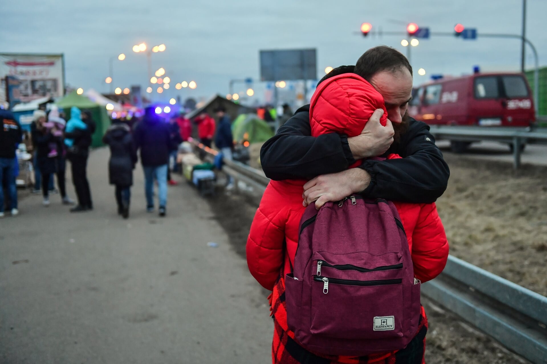 Vluchtelingen vanuit Oekraïne aan de grens met Polen op 5 maart 2022. 