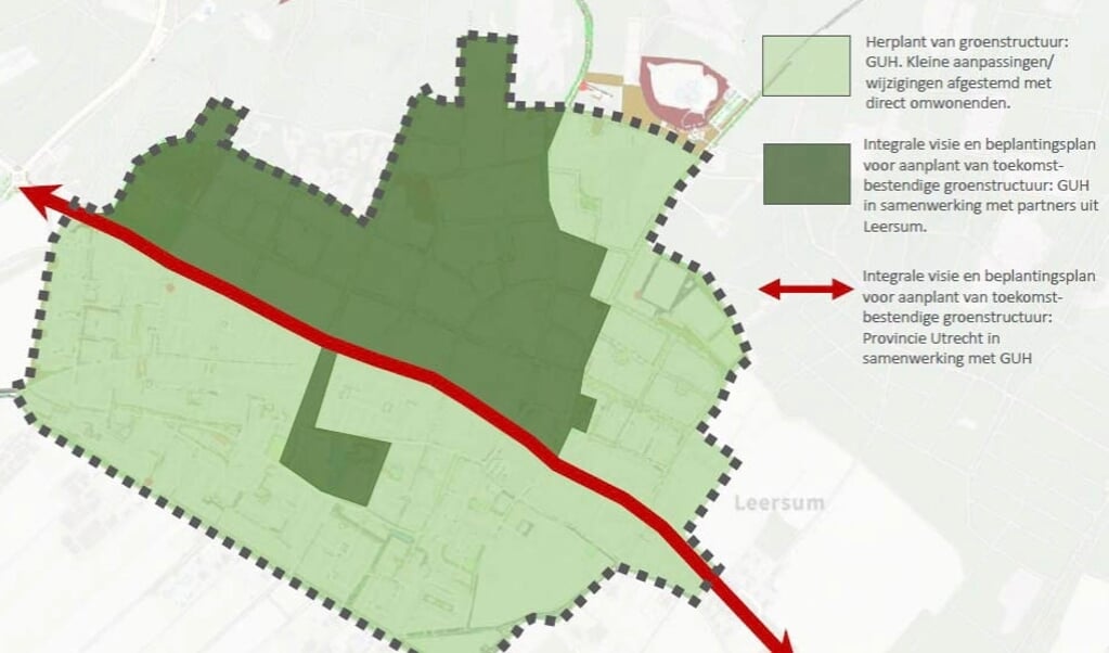 Het herstelplan van Copijn omvat het donkergroene deel en de Rijksstraatweg, de rest is reguliere herplant van openbaar groen.
