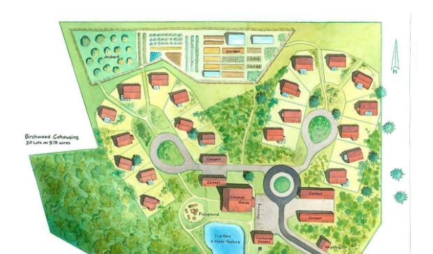 Plattegrond van Birchwood Cohousing ter illustratie van de plannen. 