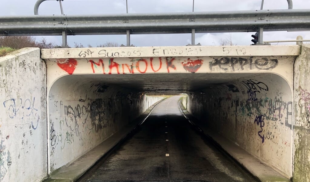 Het fietstunneltje aan de zuidkant van de A9 bij de Schipholweg met een van de liefdesverklaringen aan Manouk.