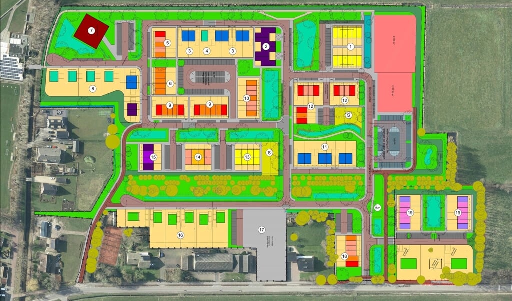 Schets van de nieuwe wijk ten noorden van Terschuur. Helemaal onderin ligt de Eendrachtstraat. Rechts bovenin de plek waar de nieuwe basisscholen komen.