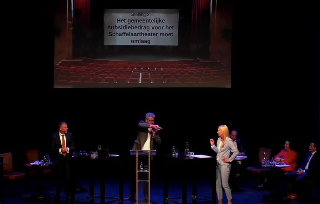 Jan Top (SGP, links) in debat met Mijntje Pluimers (LB) tijdens de verkiezingscampagne.