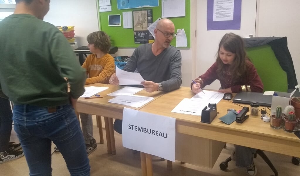 De leden van het stembureau zijn Megan, MIchel en Yval, voor het stemmen controleren ze de kieslijst