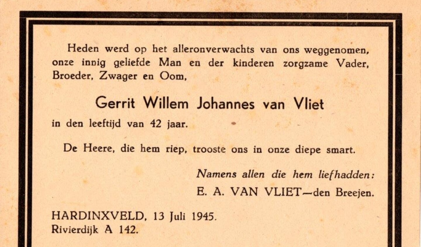 Kort na de oorlog kwam Gerrit van Vliet om het leven. De familie herdacht hem met deze rouwadvertentie.