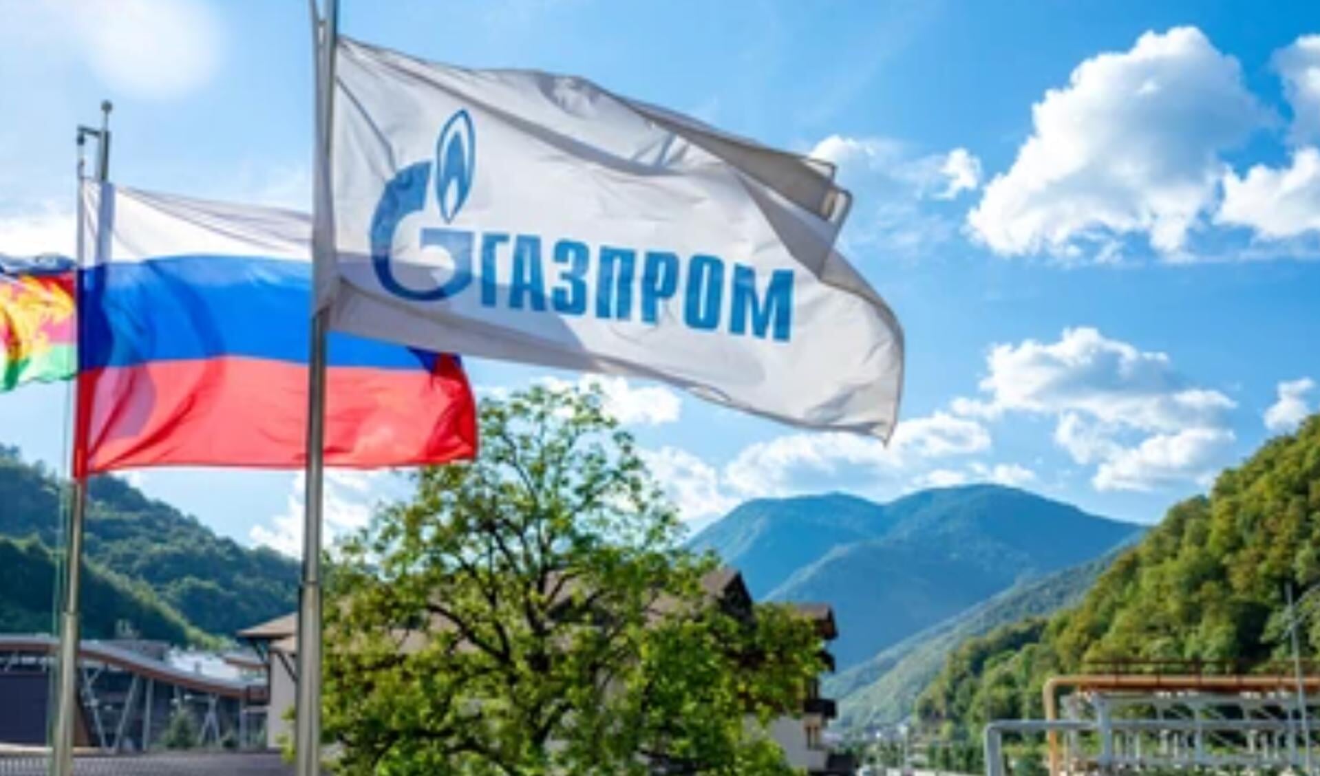 De vlag van Gazprom wappert in Rusland. 