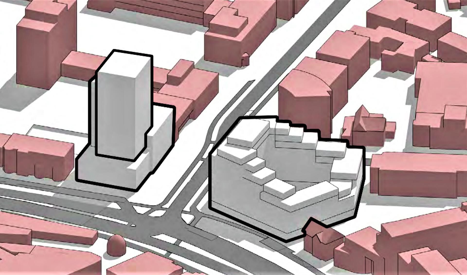 Ontwerp van nieuwbouw op de hoek Utrechtseweg/Stadsring. 