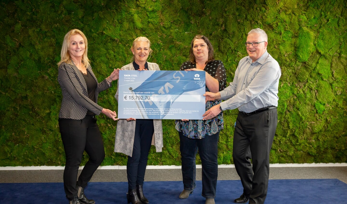 Astrid Kee (personal assistant Duurzaamheid & Decarbonisatie), Ariënne de Boer (Nederlandse Brandwondenstichting), Daniëlle van der Wal (secretariaat COR), Gert-Jan Kamer (medewerker TSN Quality) bij het overhandigen van de cheque.