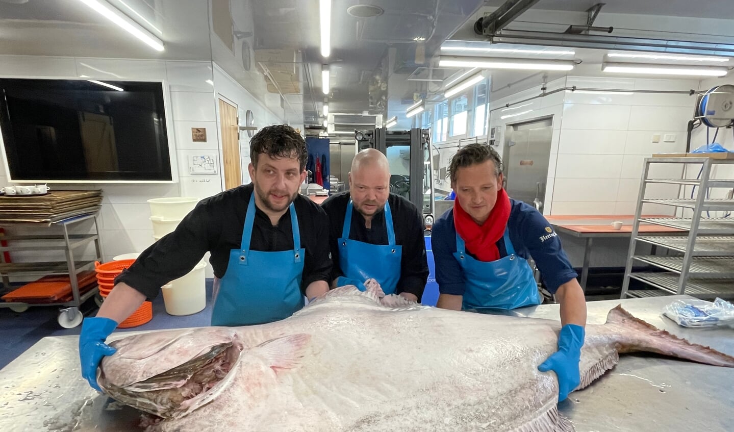 Maarten Nieuwenhuis, kok Jan Gerritsen en Peter van den Berg met de heilbot van 120 kilo.