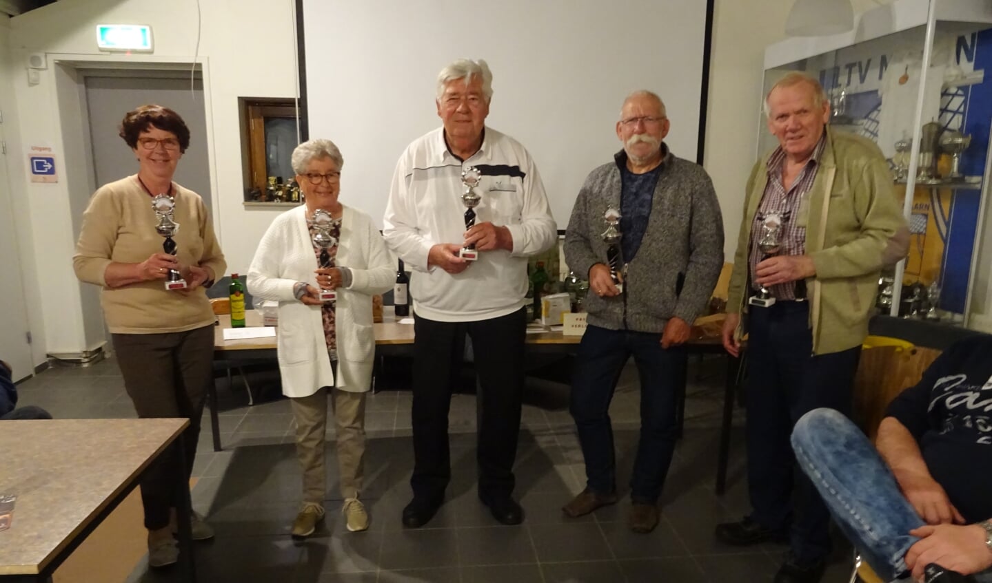 Martin Balfoort en Ida Dijkhorst zijn de winnaars.                      van het seizoen 2019-2022, samen met Henk van Asselt, Hans van Ewijk en Corrie Dijkhorst kregen ze een trofee met eigen loge beschikbaar gesteld door ‘Plus van Schaick’. 