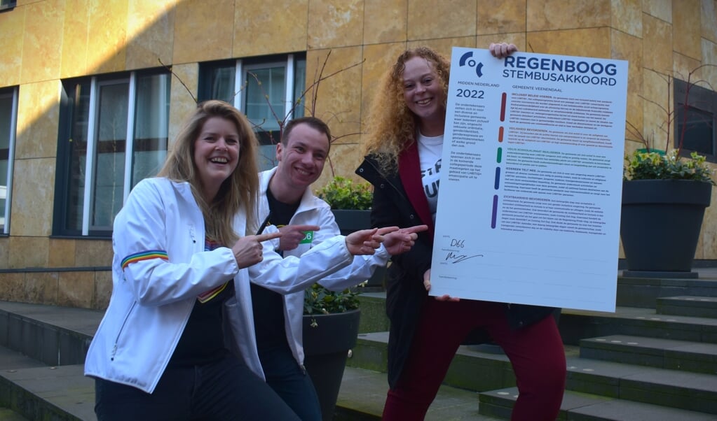 Maud Veraar en Robin Palma (li en midden), bij de ondertekening van het Regenboog stembusakkoord. Met Laura van Nieuwenhuize van het COC Midden Nederland.